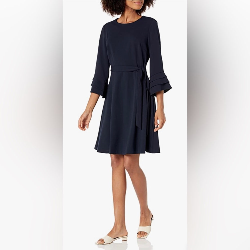 DKNY womens L/S Triple Ruffle Sleeve Fit and Flare Dress, Midnight, 14 US